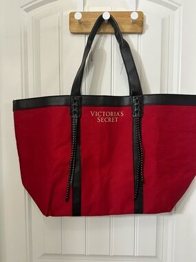 Victoria's Secret Red Tote with Black Trim and Stud Accents